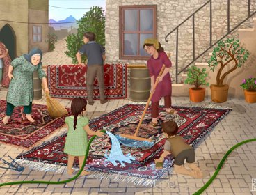 Artwork showing a family in a domestic setting including a hosepipe, rugs, plants