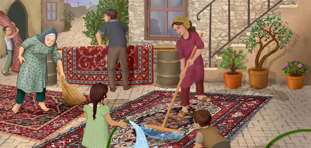 Artwork showing a family in a domestic setting including a hosepipe, rugs, plants.