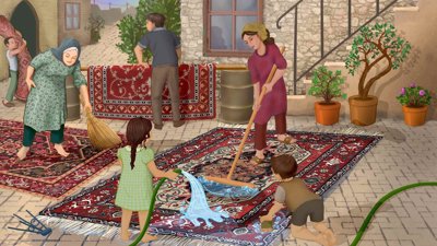 Artwork showing a family in a domestic setting including a hosepipe, rugs, plants