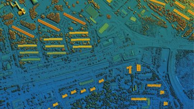 Image of GIS mapping with blue background and highlights of yellow, orange and green.