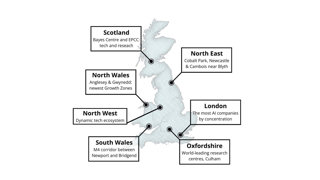 Map showing the location of AI Growth Zones, spread evenly across the UK.
