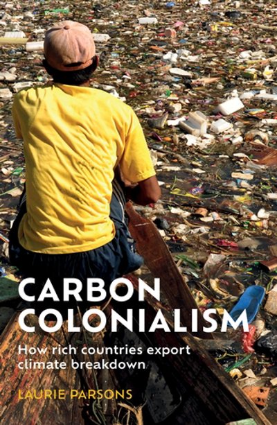 A book cover showing a man in a yellow t shirt in a wooden boat, rowing through a river that is clogged with rubbish
