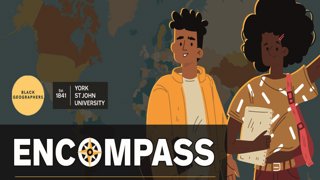 Cartoon drawing of two people and the words 'Encompass', 'York St John University' and 'Black Geographers.'