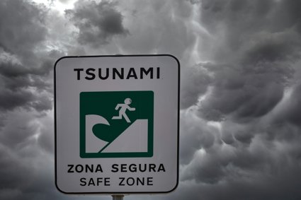 Tsunami warning sign in front of grey sky