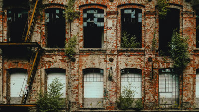 Old, abandoned, derelict building with broken or missing windows and plants growing up the walls and inside.