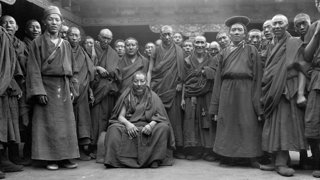 historical black and white photograph of monks at Shekar Chode monastery.