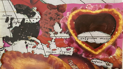 A collage of a map with red cut outs.