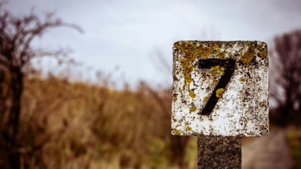 A signpost showing the number 7, covered with lichen and rust with a rural background.