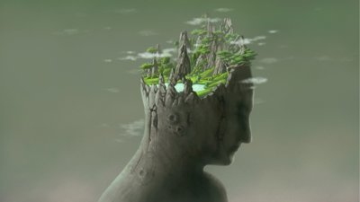 Surreal broken human sculpture with fantasy nature landscape on a head.