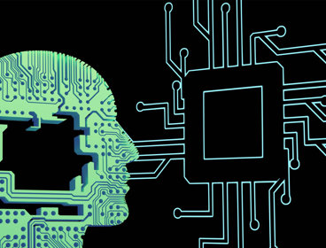 Silhouette of a head made of circuit board patterns facing a microchip with connecting lines.