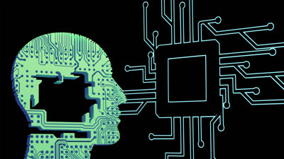 Silhouette of a head made of circuit board patterns facing a microchip with connecting lines.