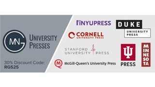 Logos of MNG university presses including NYU, Cornell, Duke, Stanford, McGill-Queen's, Indiana, and Minnesota Press logos