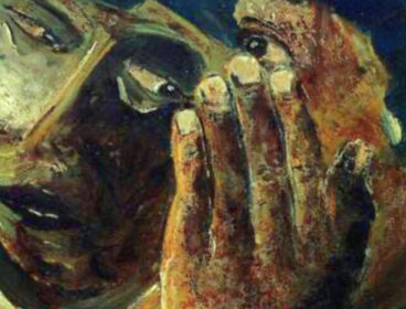 Painting of two people whispering, titled 'Gossip painting'.