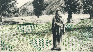 Gum oil print of a person standing near a coal mine. 