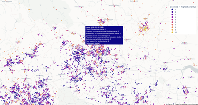 Map displaying dots that are deciles for food priority in Leeds