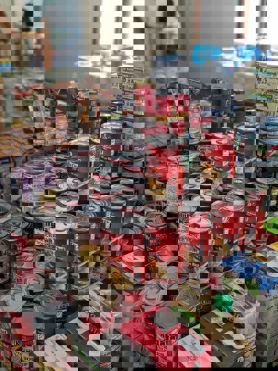A stack of tinned and canned food