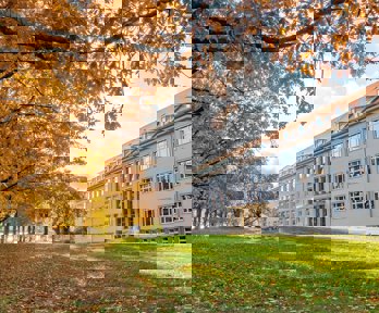 Large stately building fronted by green lawn and deciduous, golden and orange trees.