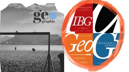 Black and white cover of the journal 'GEOgraphia' overlaid with an image of the RGS-IBG journals covers with an orange border.