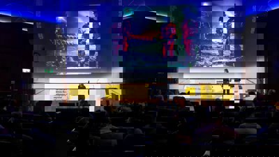 Esther Horvath presenting in Ondaatje Theatre.