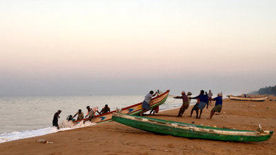 Two fishing boats on a beach pictured with people on either side pulling it out of the water.