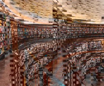 Curved bookshelves in a library
