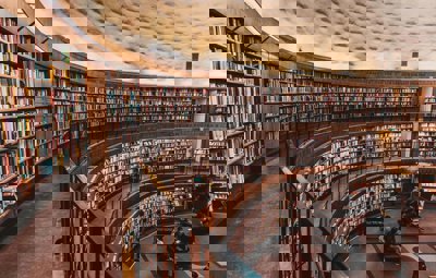 Curved bookshelves in a library