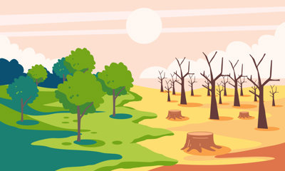 Illustration showing forest and deforestation to depict climate change