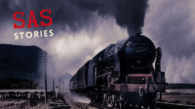 A steam locomotive on a train track, and text in the top left that says 'SAS stories'.