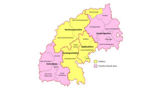 Map showing the counties within the Oxford-Cambridge Arc.