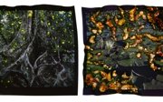 A picture of a large tree and a picture of water lillies with an effect on them that reminds of fire.