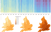 Heat diagram of projected maximum air temperature for summer months for 5 km2 units across England and Wales, based on a RCP8.5 high emissions scenario.