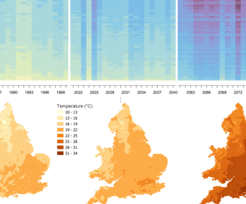 Heat diagram of projected maximum air temperature for summer months for 5 km2 units across England and Wales, based on a RCP8.5 high emissions scenario.