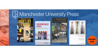 Covers of four books published by Manchester University Press displayed against a blue background with the publisher's logo.