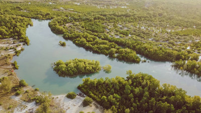Aerial view of green spaces and meandering river.