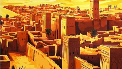 Painting of Timbuktu skyline in bright reds and yellows.