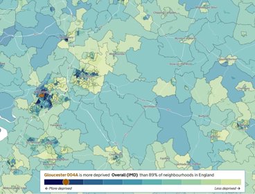 Coded map showing levels of relative deprivation across parts of Gloucestershire and surrounding areas in England.