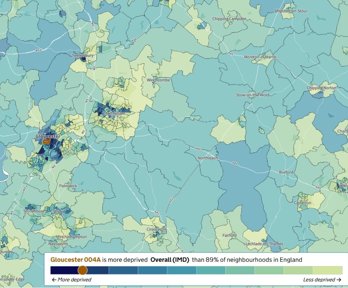 Coded map showing levels of relative deprivation across parts of Gloucestershire and surrounding areas in England.