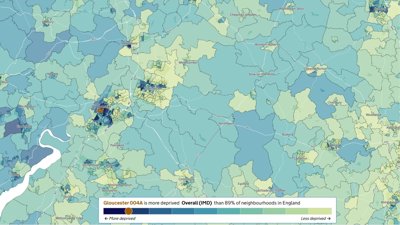 Coded map showing levels of relative deprivation across parts of Gloucestershire and surrounding areas in England.