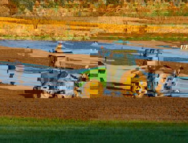People working in a plowed field with tractor.