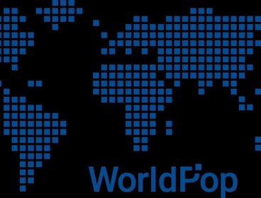 World map design in blue pixels on black background