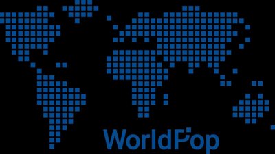 World map design in blue pixels on black background
