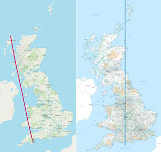 A map showing the approaching magnetic north in 2019 as a red line, now moving across Britain as a blue line