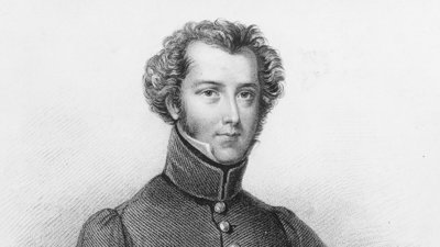 Black and white portrait sketch of Alexander Gordon Laing.