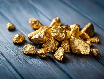 Golden nuggets on blue-grey boards.