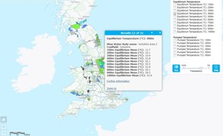 Coal Authority Viewer showing temperatures at 400m below the ground in British Coalfields.