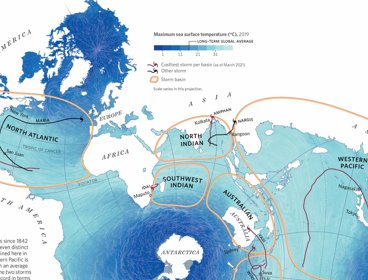 A map of the world showing storm tracks and variations in sea surface temperature