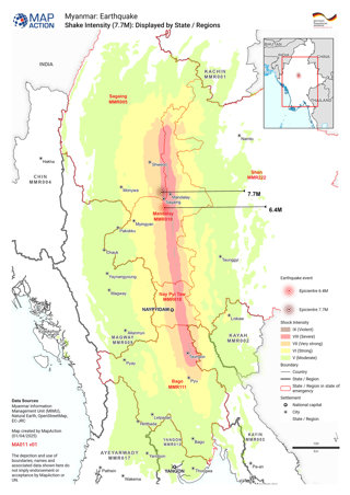 Map showing shake intensity radiating out from the earthquake epicentre