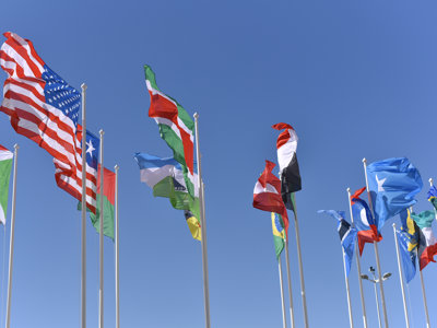 A variety of flags flying in the wind, set to a blue sky background