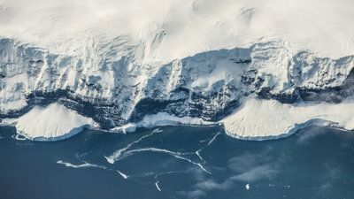 Aerial view of coastline in Antarctica.