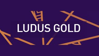 Ludus Gold logo with white text on a dark purple background featuring abstract gold geometric lines.